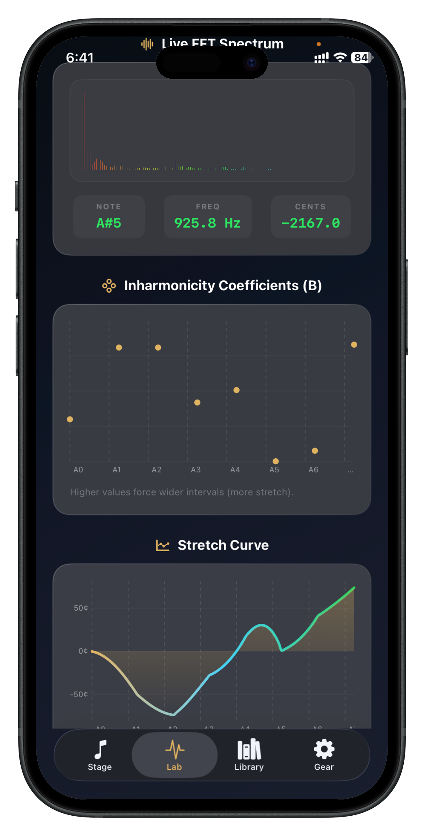 Piano Tuner screenshot showing lab analysis